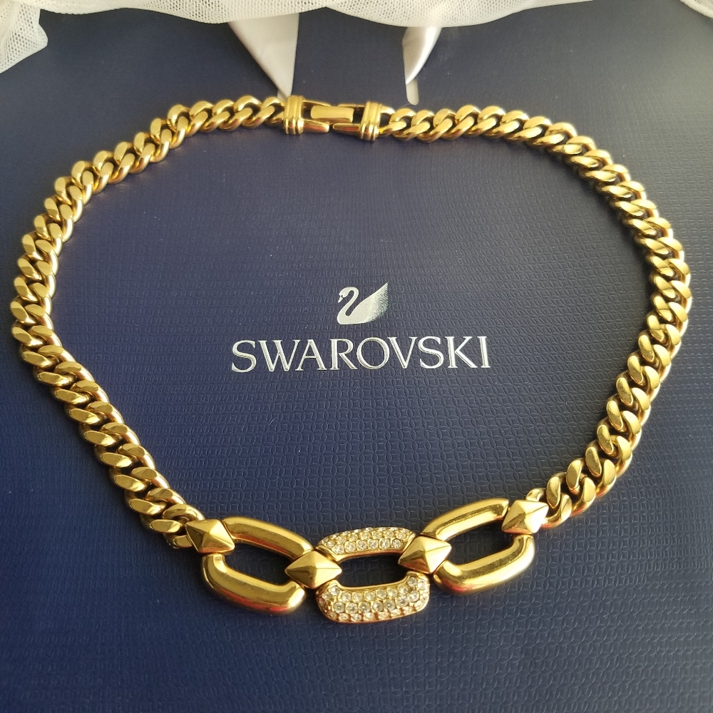 AUTHENTIC Swarovski 18k Gold Plated Chunky Chain Vintage Link Necklace - Picture 7 of 17
